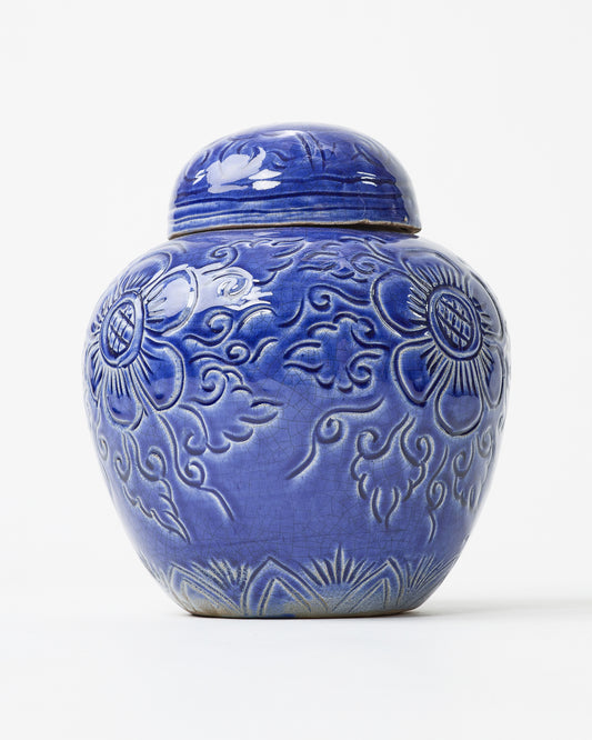 Blue Glazed Floral Embellished  Vase