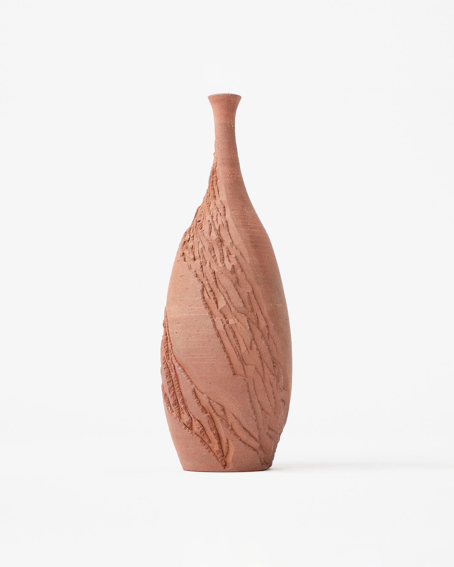 Small Terracotta-Toned Decorative Vase with Carved Stripes