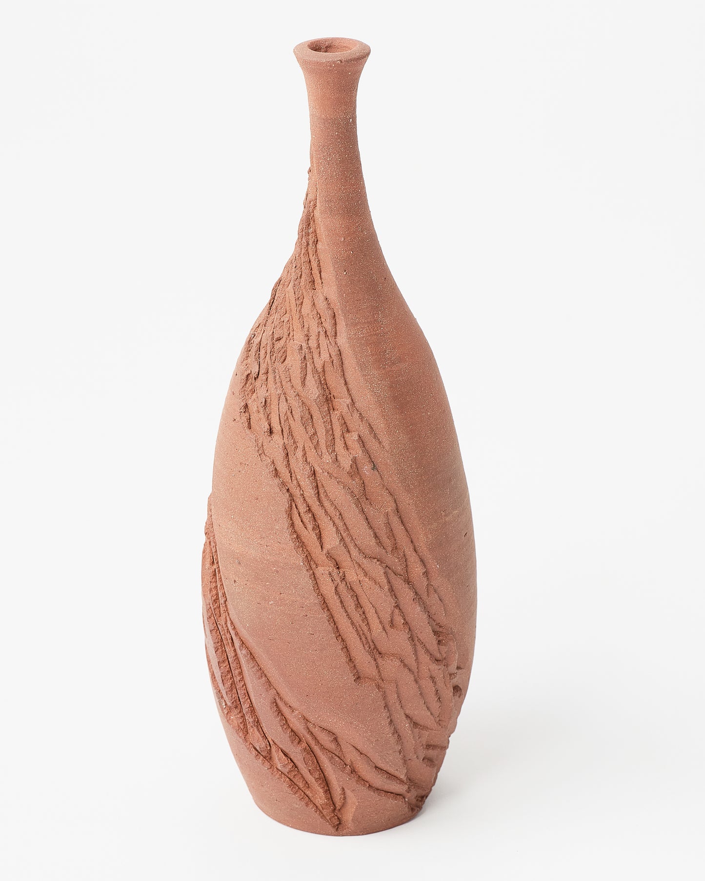 Small Terracotta-Toned Decorative Vase with Carved Stripes