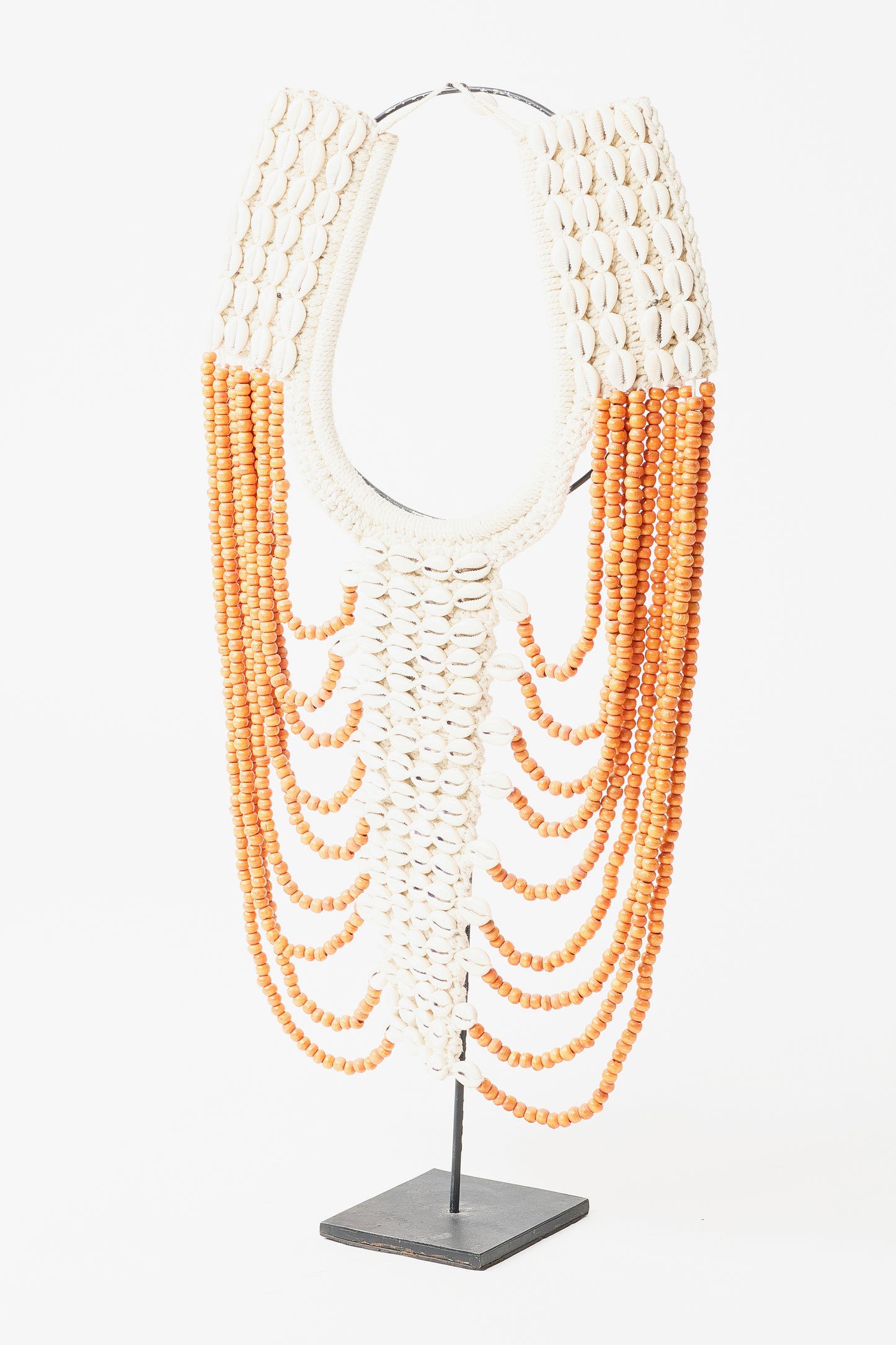 African Aborigine Beaded Necklace in White and Orange Hues