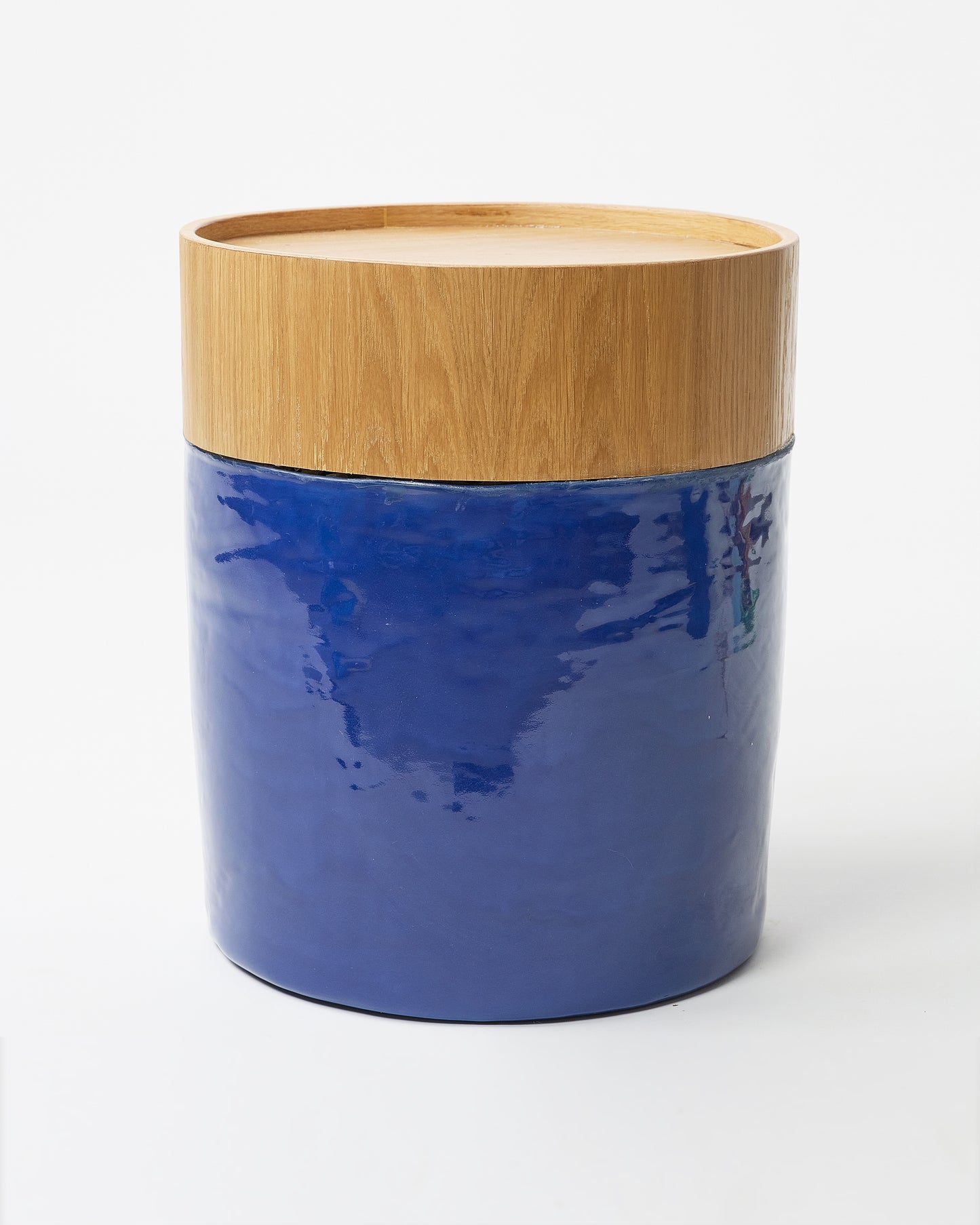 Barrel-Inspired Side Table with Ceramic Blue Base