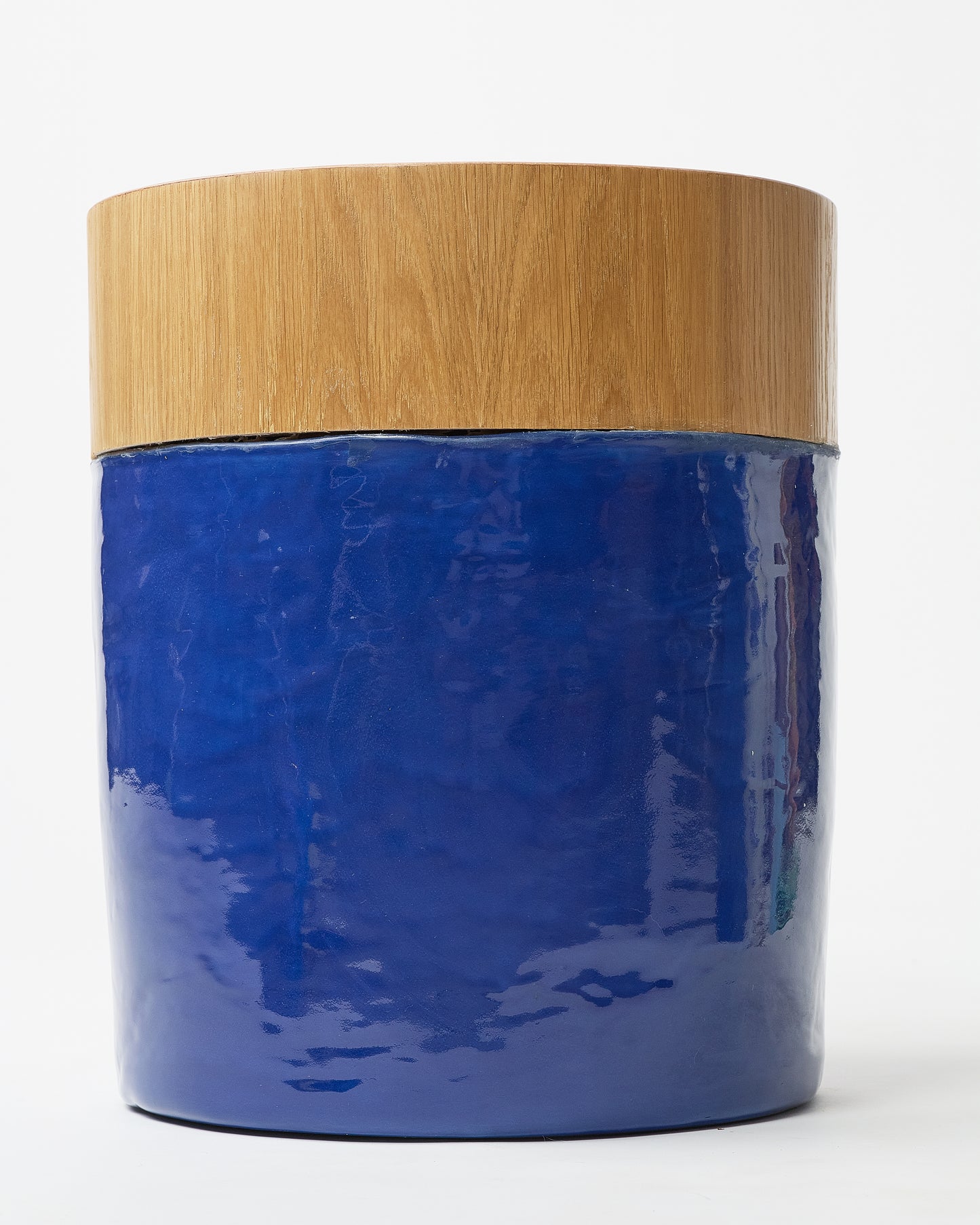 Barrel-Inspired Side Table with Ceramic Blue Base