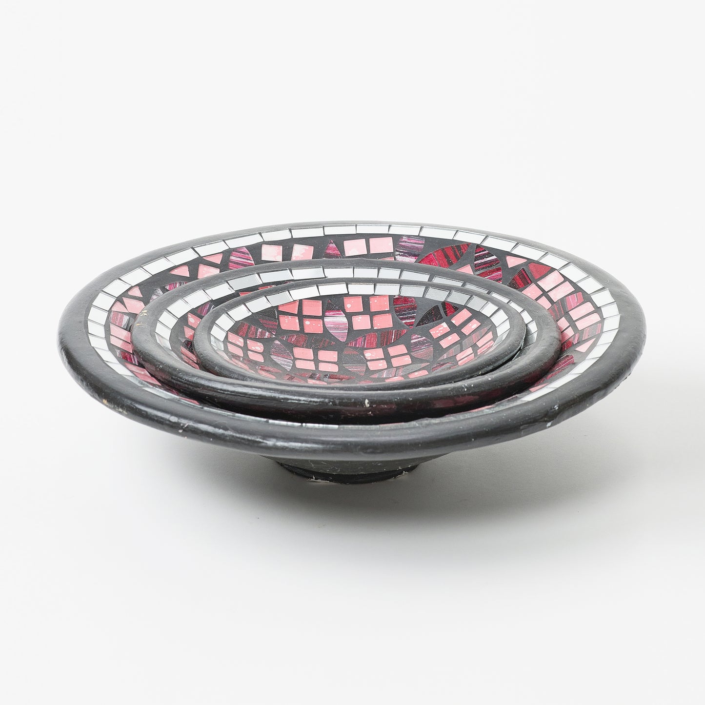 "Ravishing Mosaic Trio: Designer Plates in Black and Pink Hues"