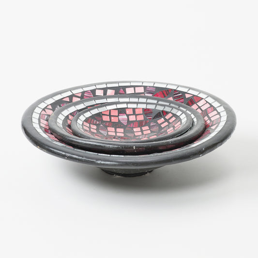 "Ravishing Mosaic Trio: Designer Plates in Black and Pink Hues"