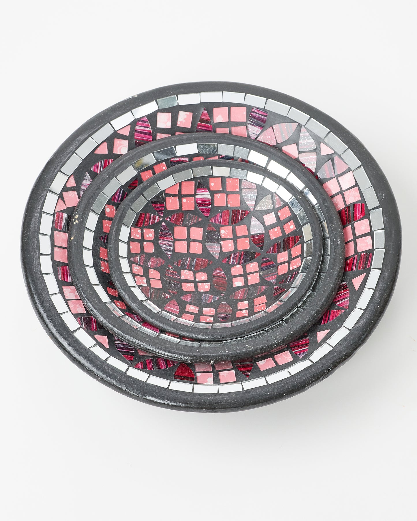 "Ravishing Mosaic Trio: Designer Plates in Black and Pink Hues"