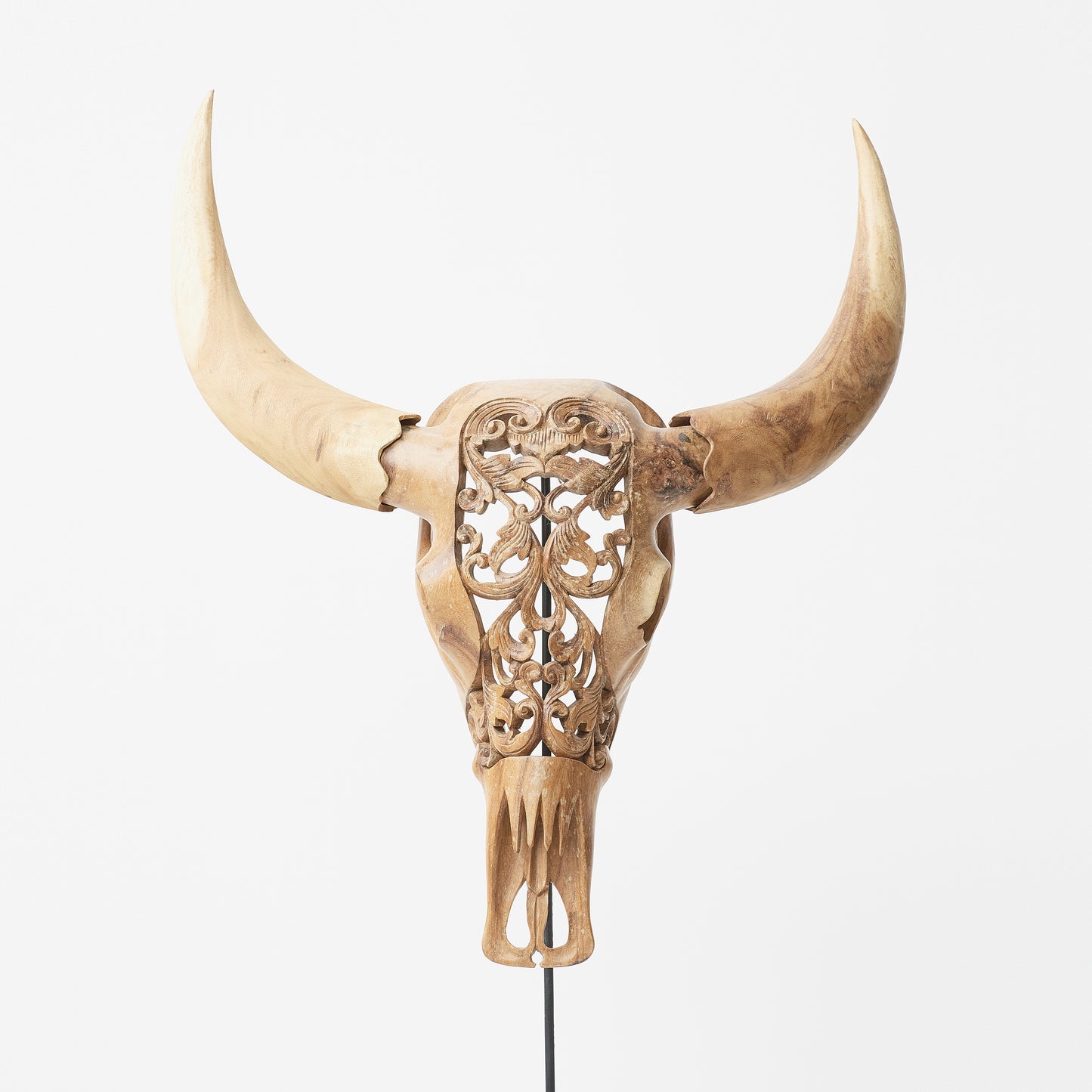 Buffalo Wood Skull Decor on Stand