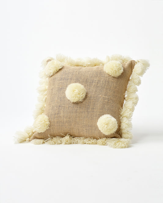 Beige Pom-Pom Cushion