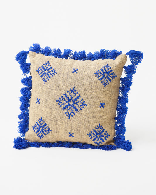 Square Pillow with Blue Fringe and Embroidery