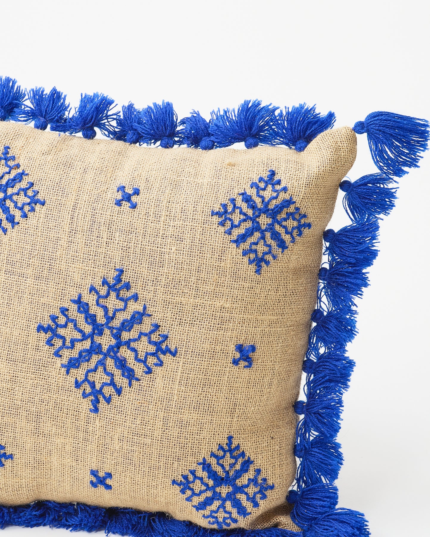 Square Pillow with Blue Fringe and Embroidery