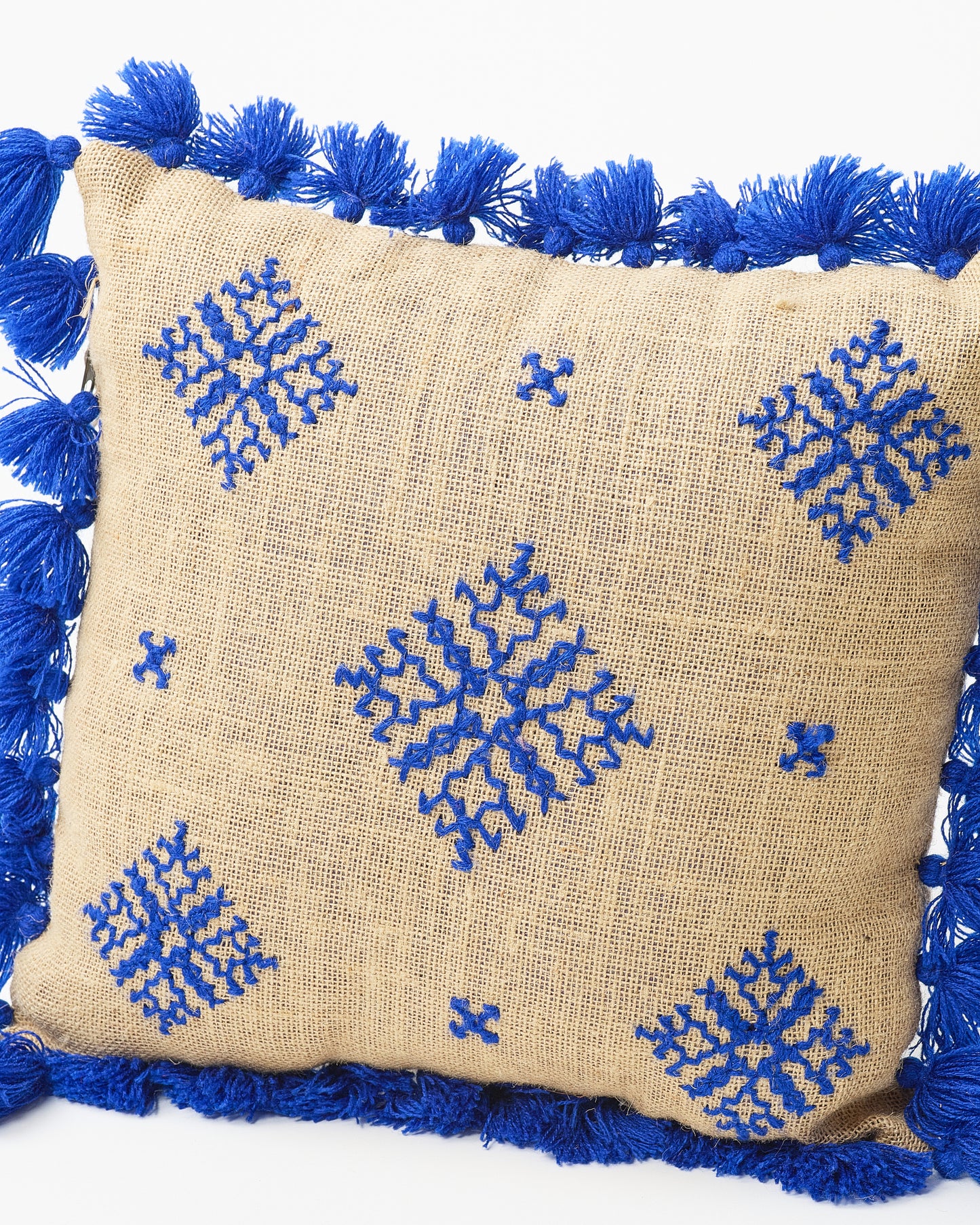 Square Pillow with Blue Fringe and Embroidery