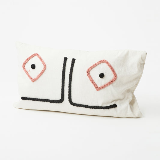 Eccentric Rectangular Pillow with Embroidered Eyes and Nose