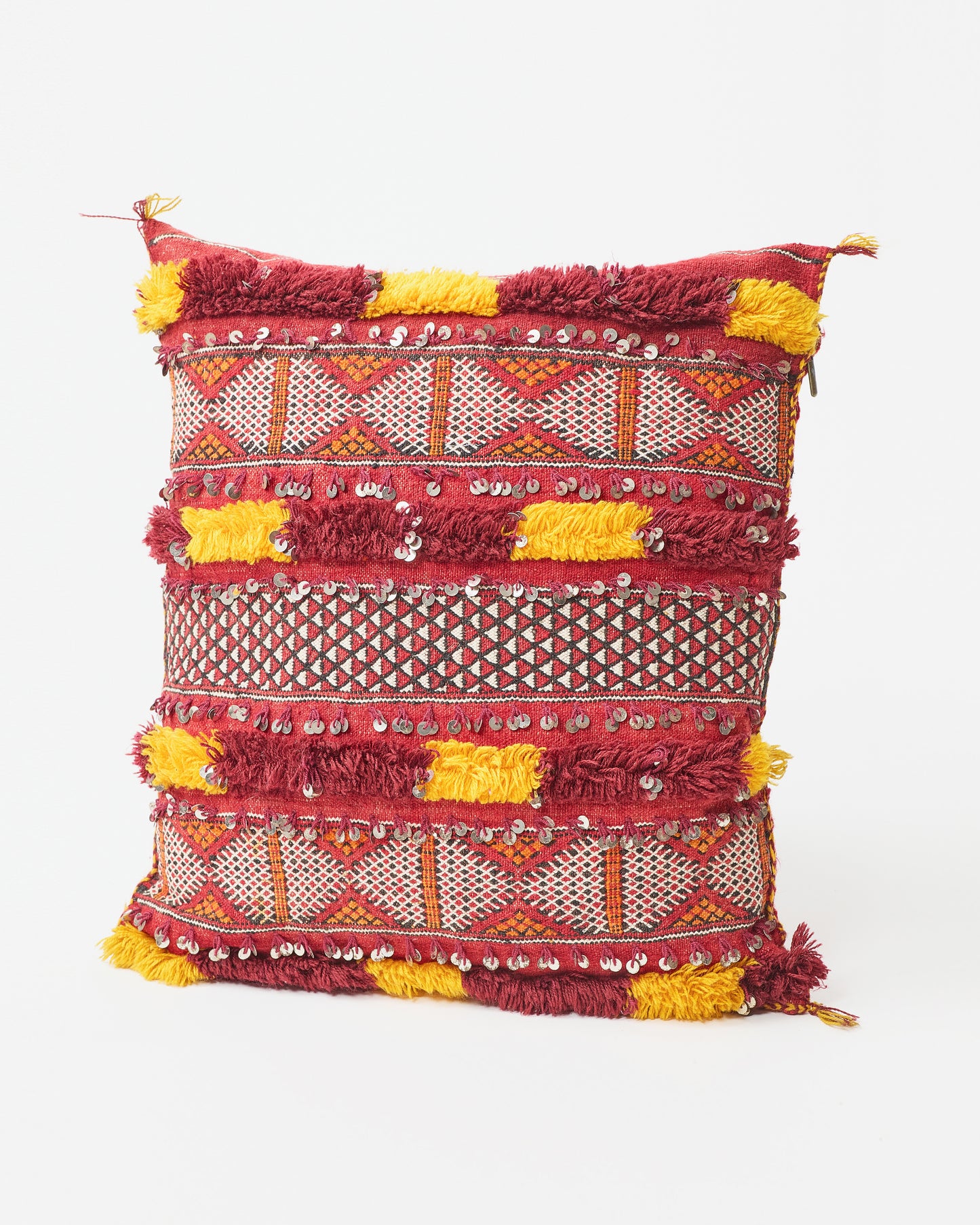 Beaded Elegance: Burgundy and Gold Square Pillow with Fringed Cover