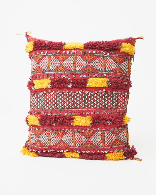 Beaded Elegance: Burgundy and Gold Square Pillow with Fringed Cover