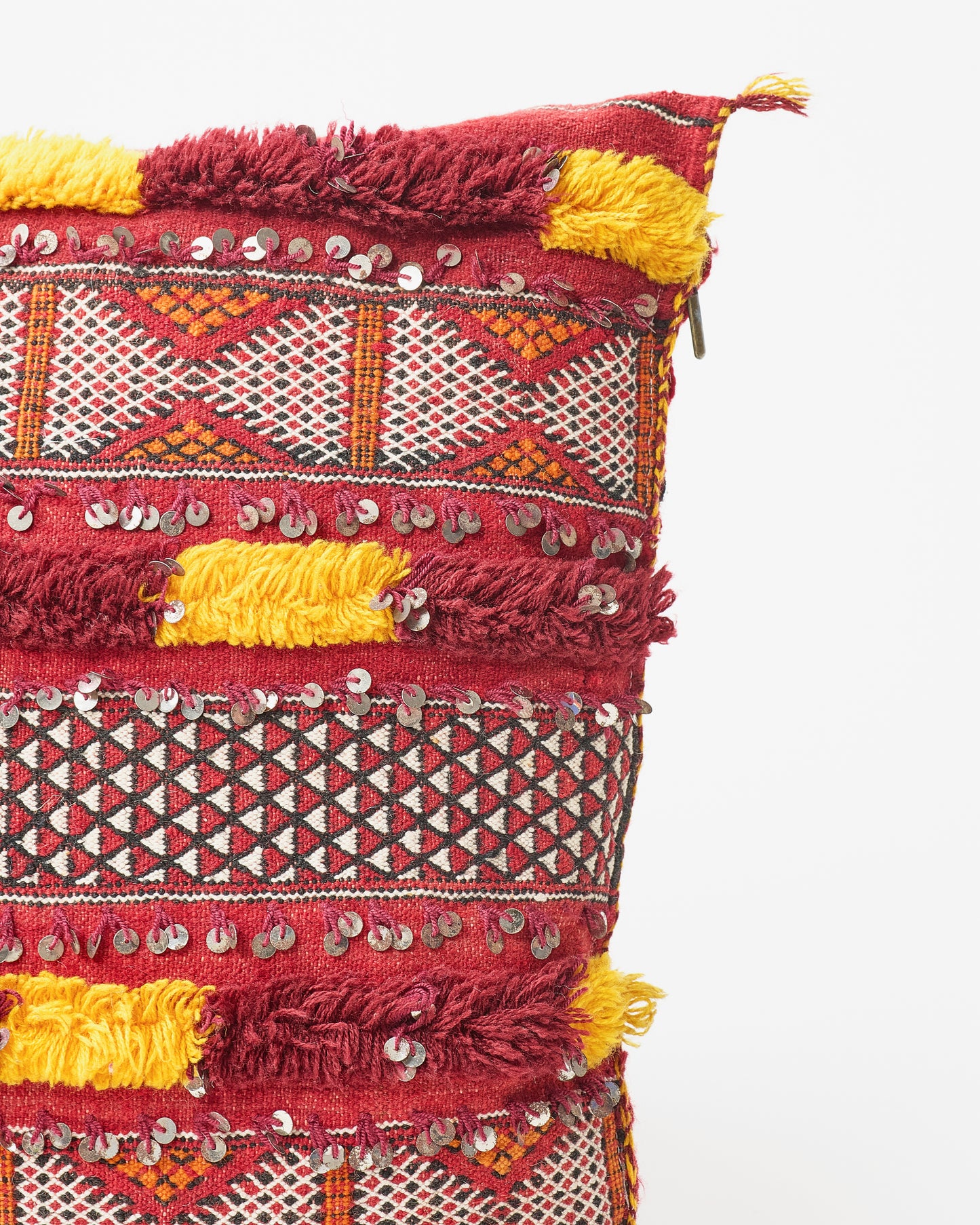 Beaded Elegance: Burgundy and Gold Square Pillow with Fringed Cover