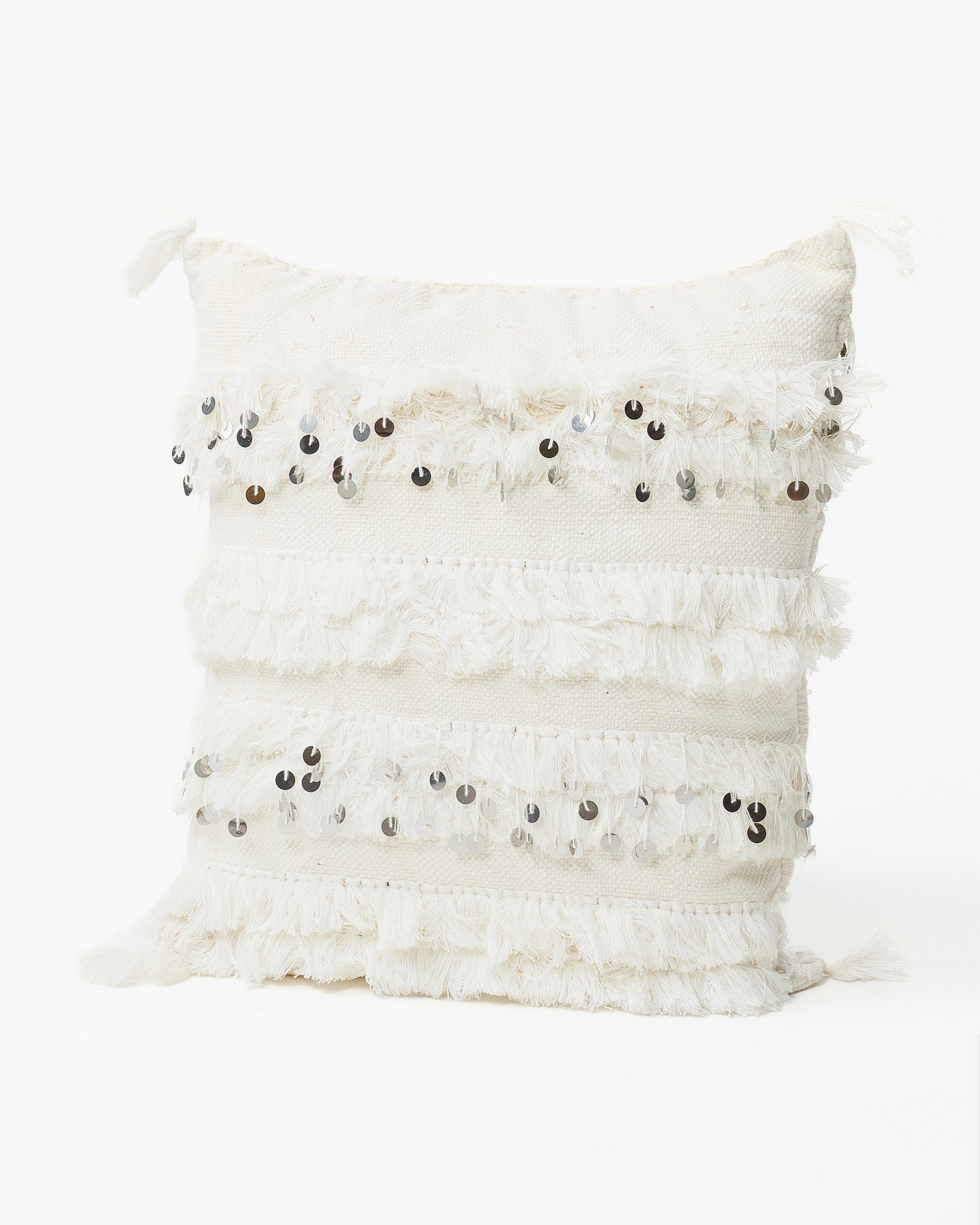 Elegant White Beaded Square Pillow with Delicate Fringe