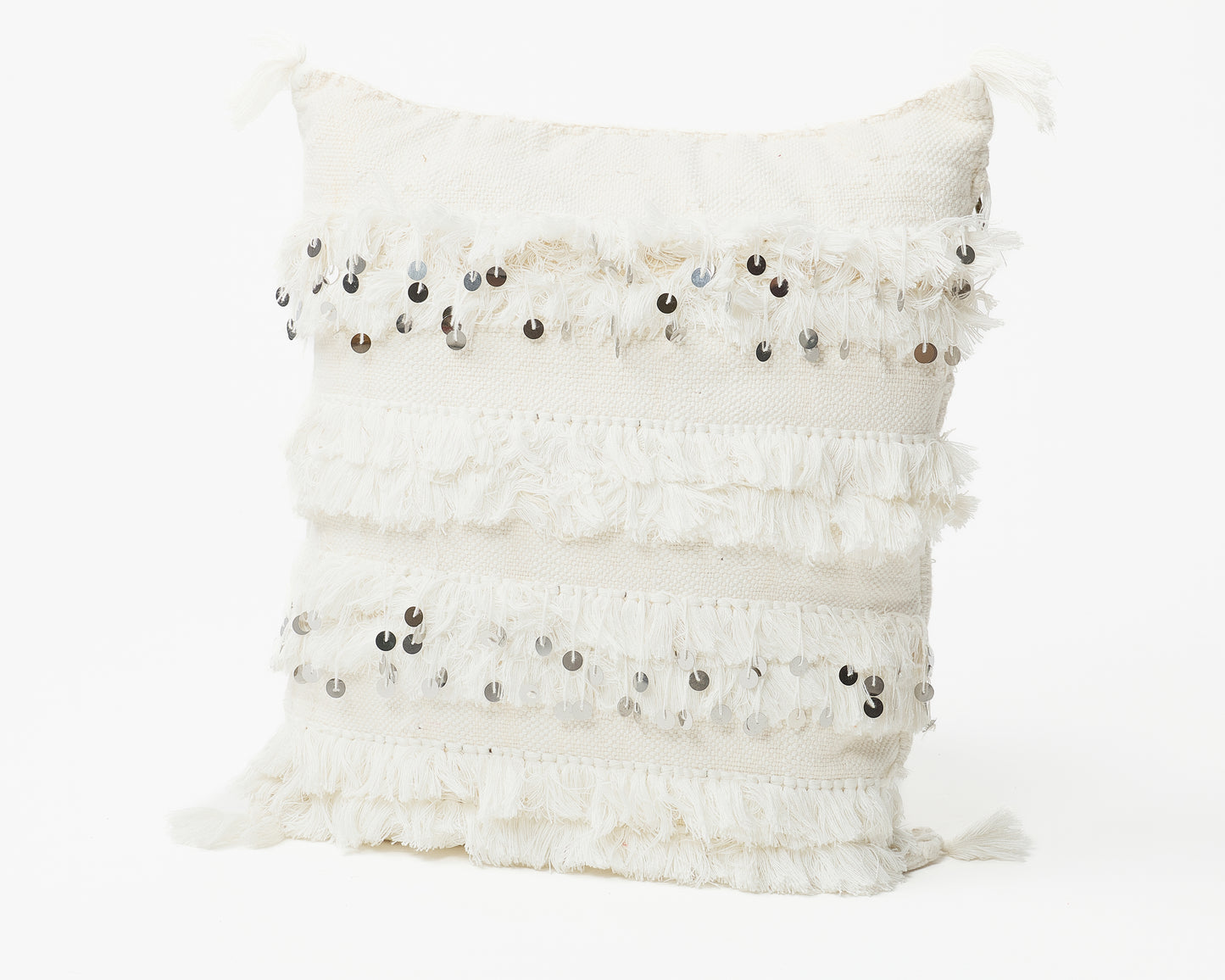 Elegant White Beaded Square Pillow with Delicate Fringe