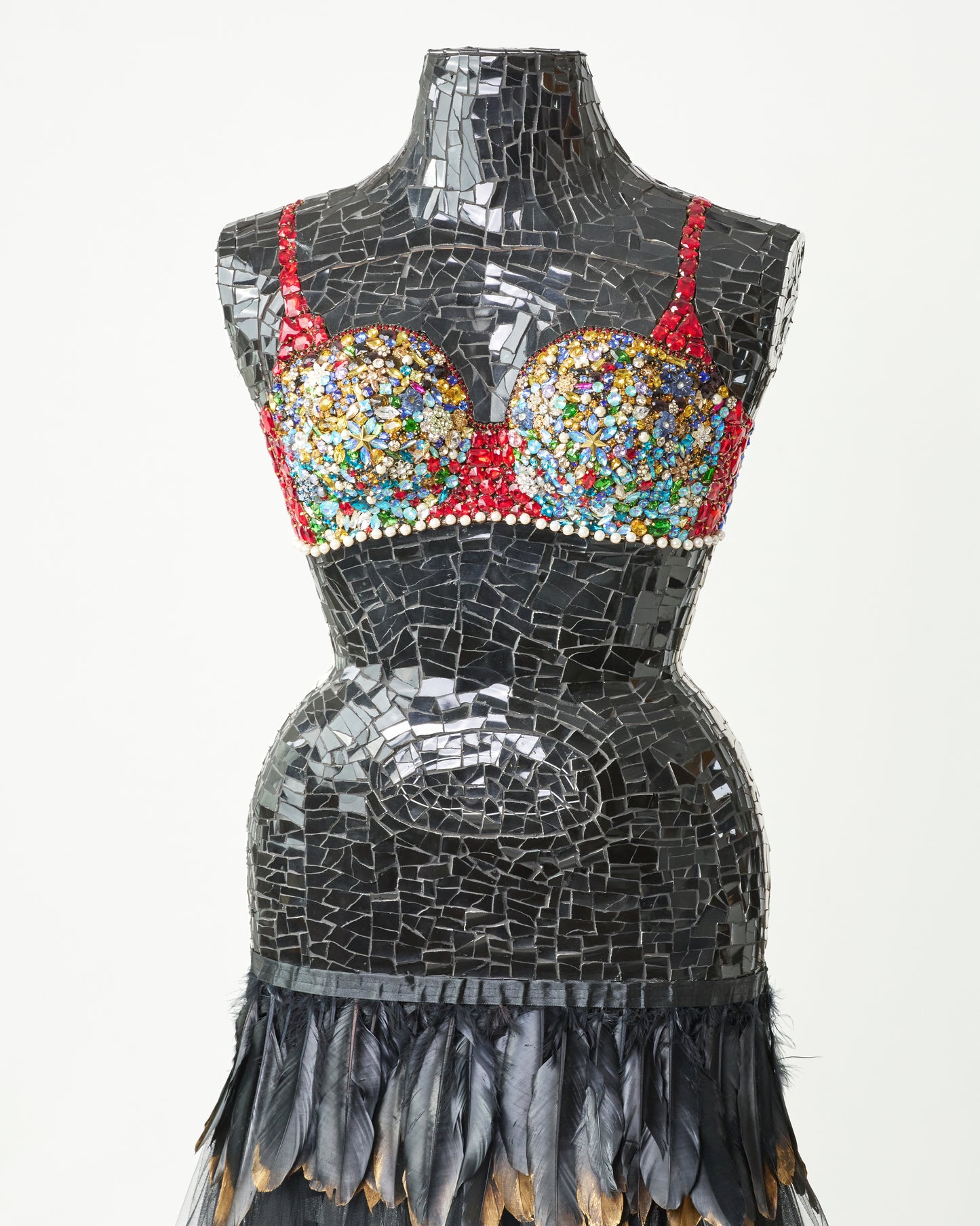 Elegance in Stone: Lady Sculpture with Gem-Adorned Bust and Feathered Skirt by Judi Shechter