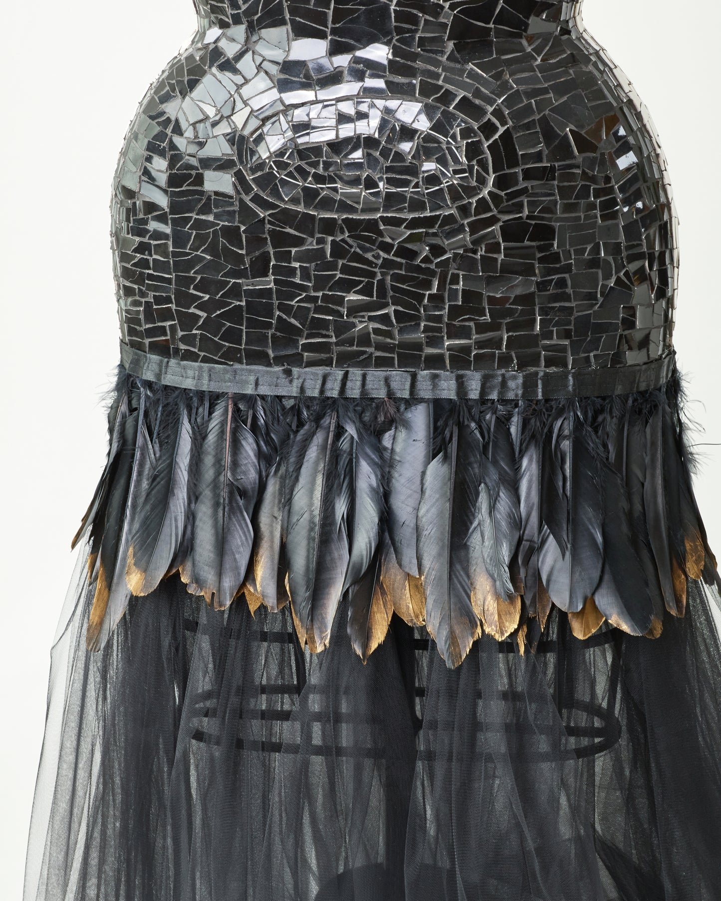 Elegance in Stone: Lady Sculpture with Gem-Adorned Bust and Feathered Skirt by Judi Shechter