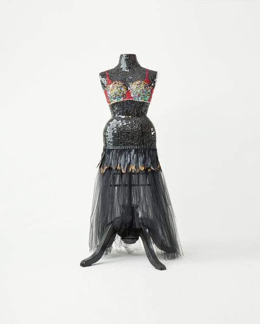 Elegance in Stone: Lady Sculpture with Gem-Adorned Bust and Feathered Skirt by Judi Shechter