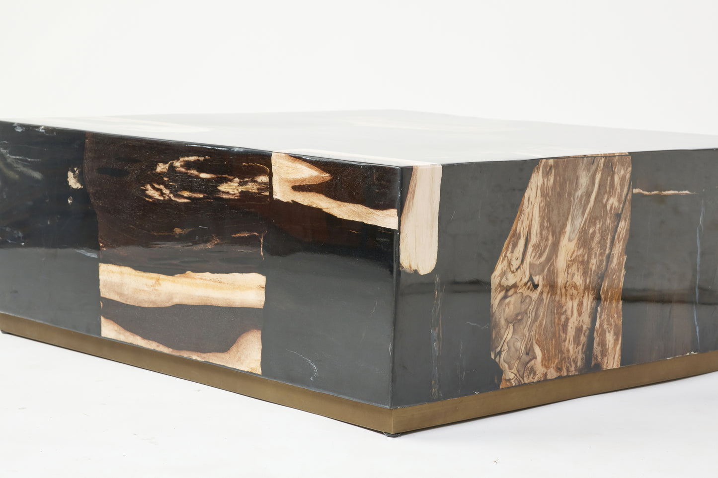 Handmade Square Petrified Wood Coffee Table with Stainless Steel Trim